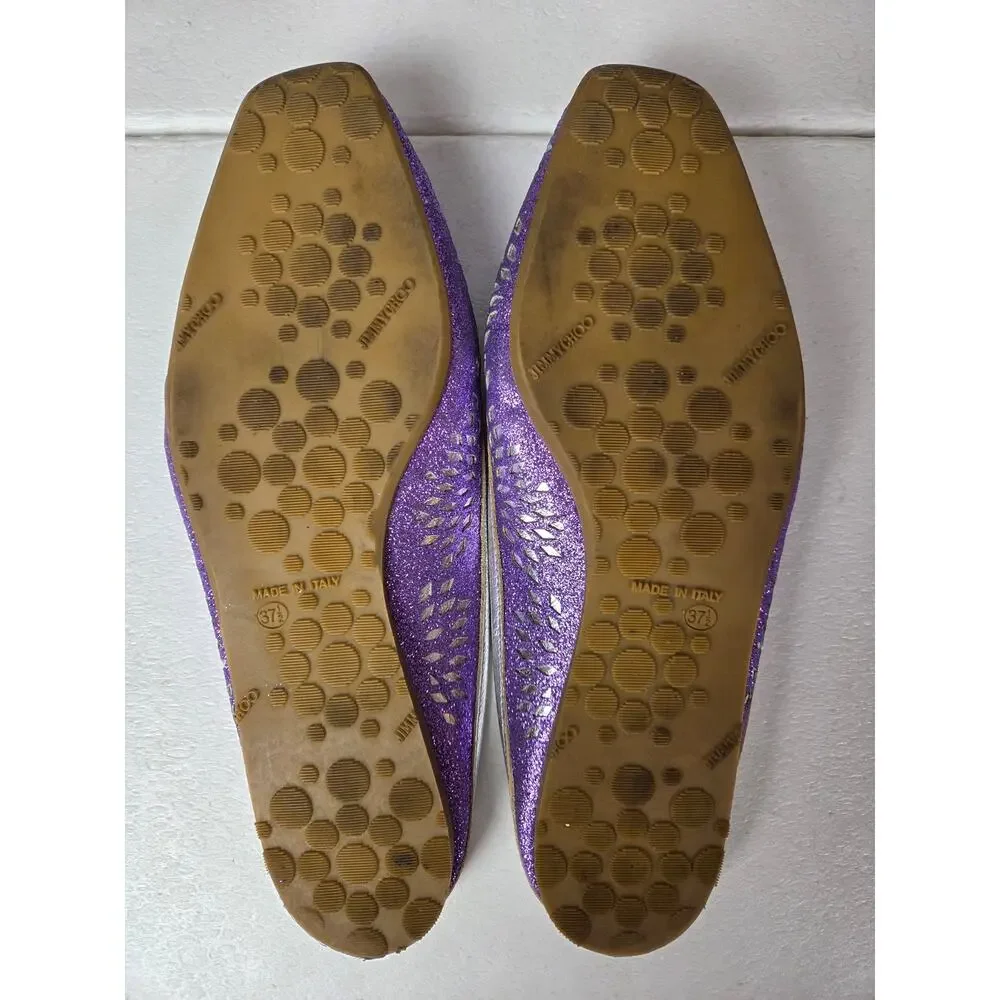 Jimmy Choo Slip On Backless Flats Silver Sparkle Designer 37 1/2 Floral Metalic - Picture 7 of 13